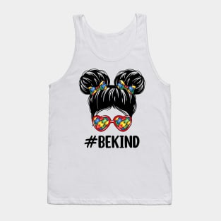 Be Kind Messy Bun Girl Autism Awareness Tank Top